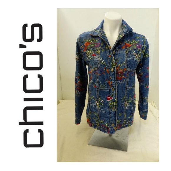 Chico's Jackets & Blazers - CHICOS ASIAN EMBROIDERED DENIM JACKET SZ 0 FITS 4
